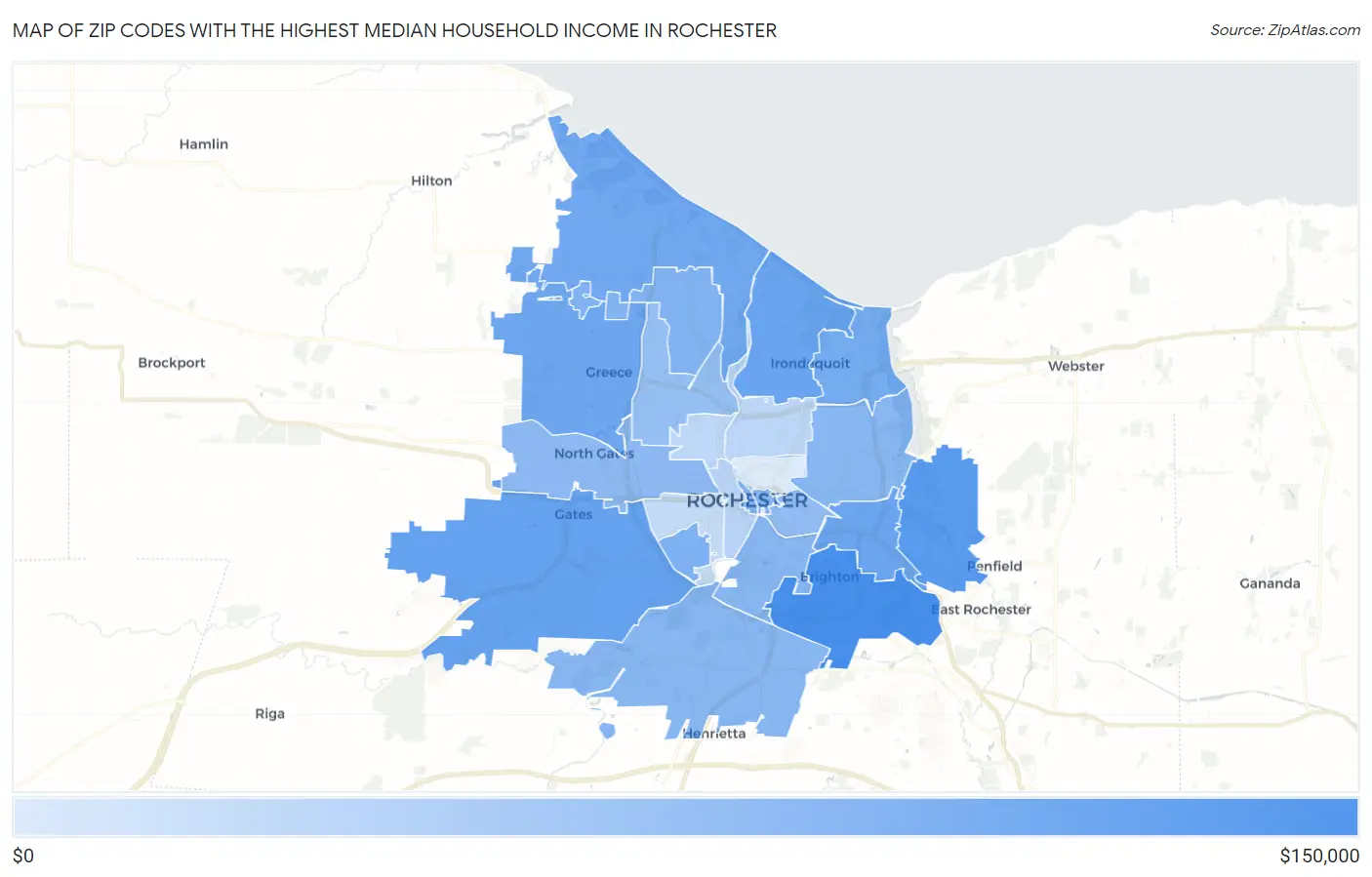 Zip Codes with the Highest Median Household Income in Rochester Map