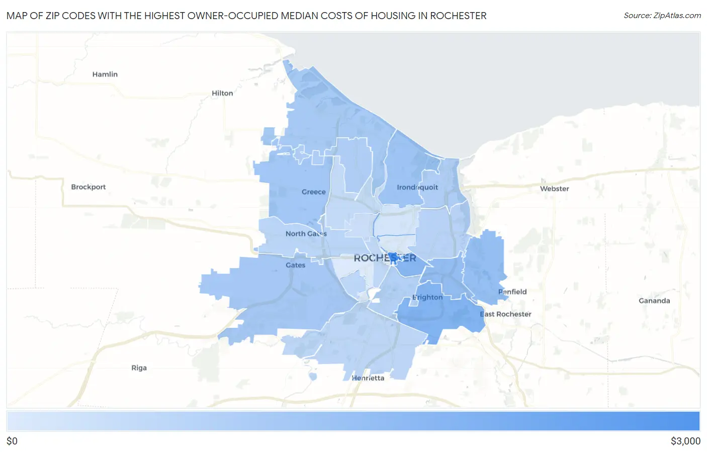 Zip Codes with the Highest Owner-Occupied Median Costs of Housing in Rochester Map