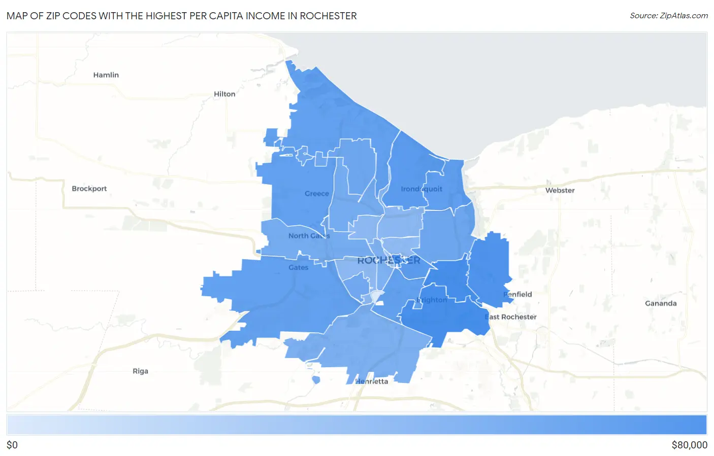 Zip Codes with the Highest Per Capita Income in Rochester Map