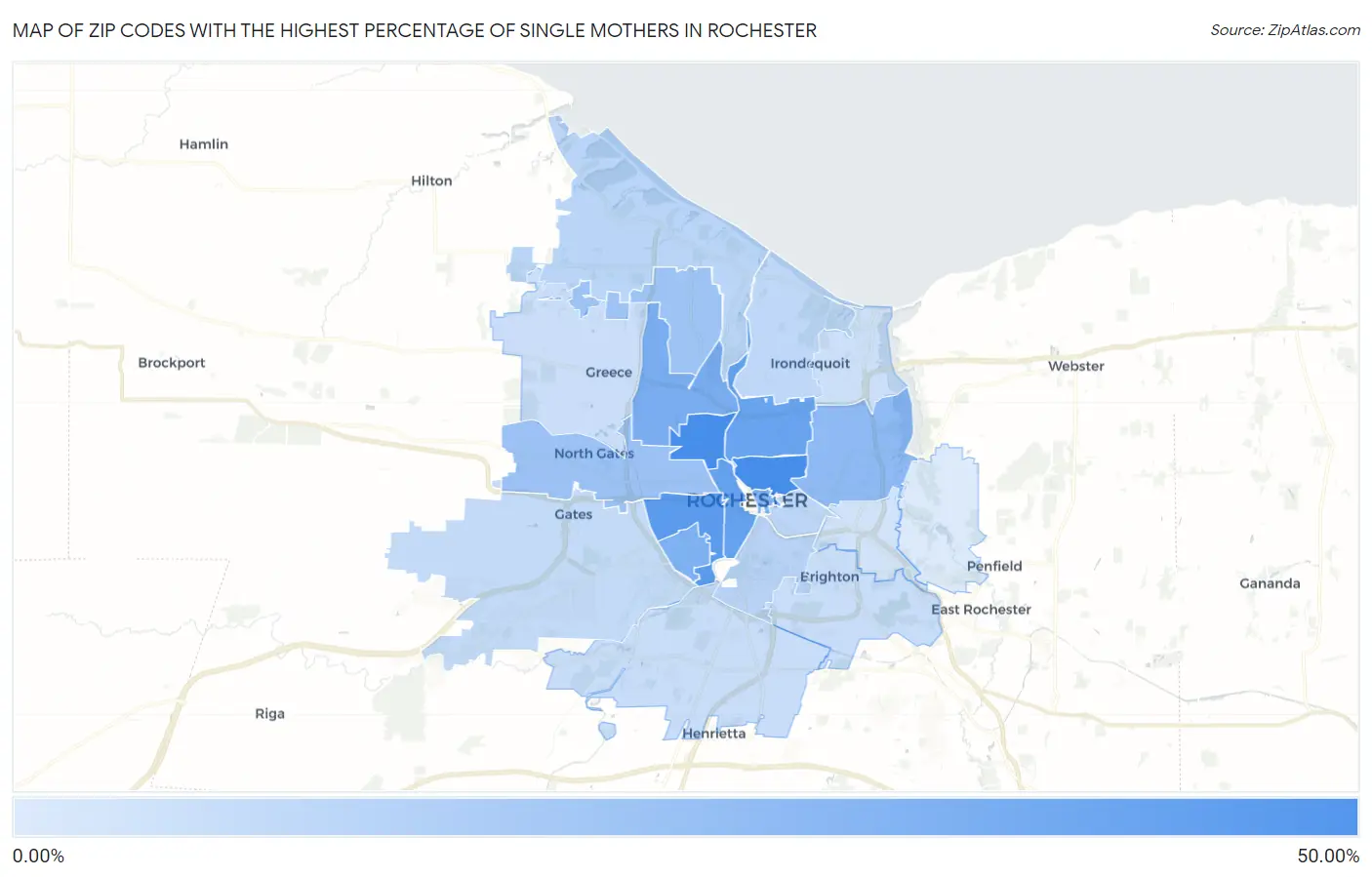 Zip Codes with the Highest Percentage of Single Mothers in Rochester Map