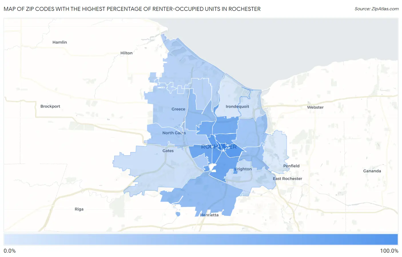 Zip Codes with the Highest Percentage of Renter-Occupied Units in Rochester Map