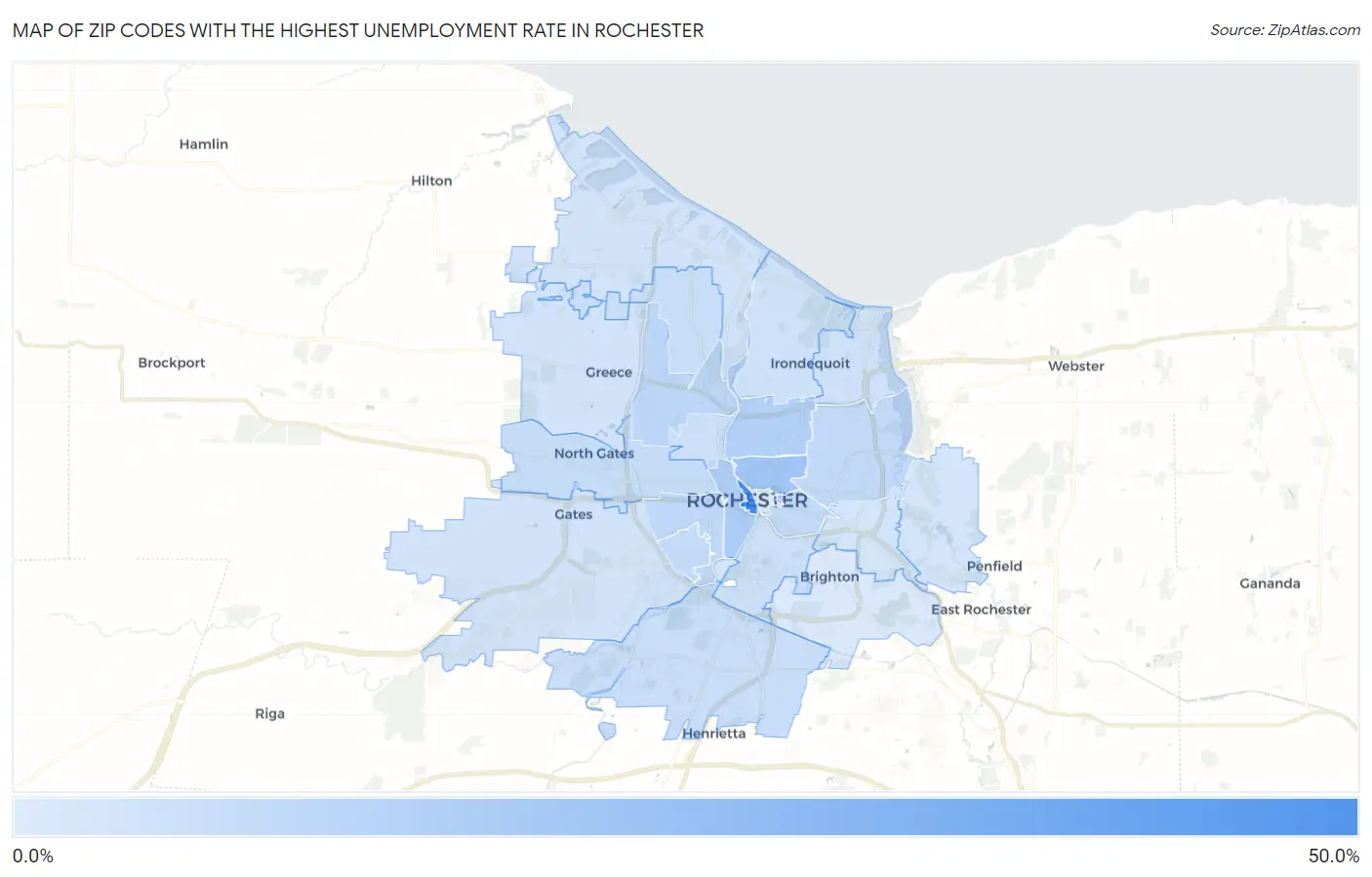 Zip Codes with the Highest Unemployment Rate in Rochester Map