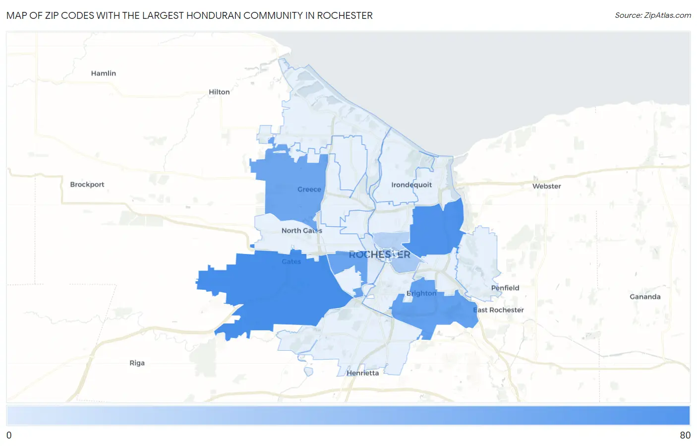 Zip Codes with the Largest Honduran Community in Rochester Map