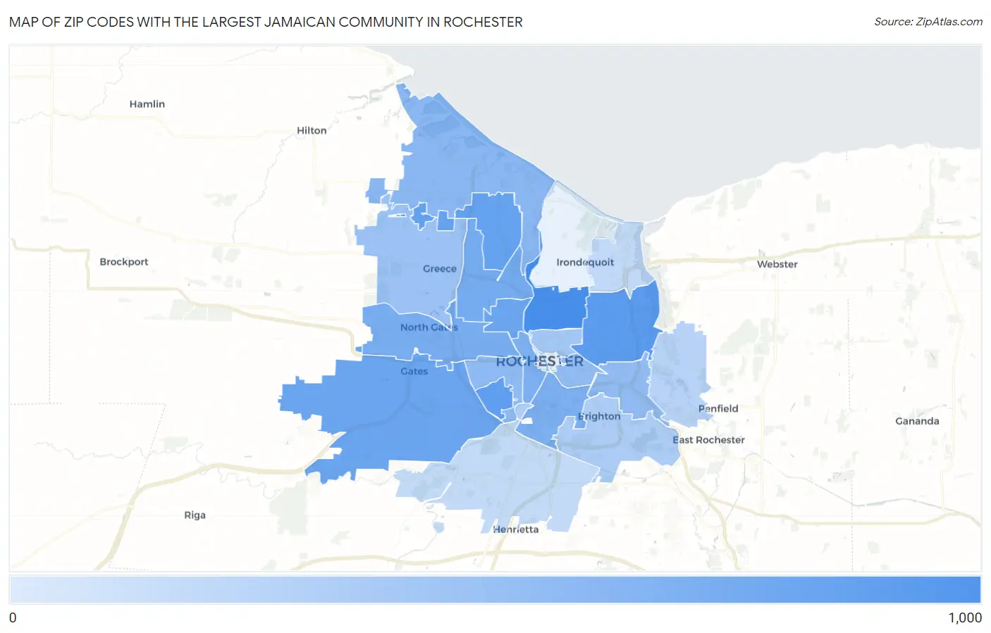 Zip Codes with the Largest Jamaican Community in Rochester Map