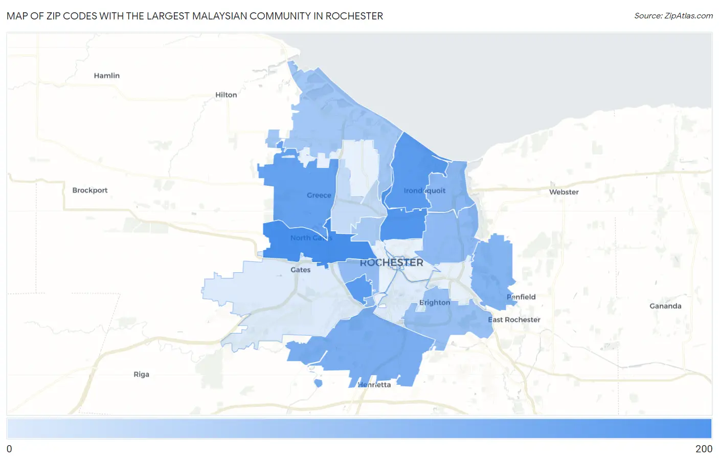 Zip Codes with the Largest Malaysian Community in Rochester Map