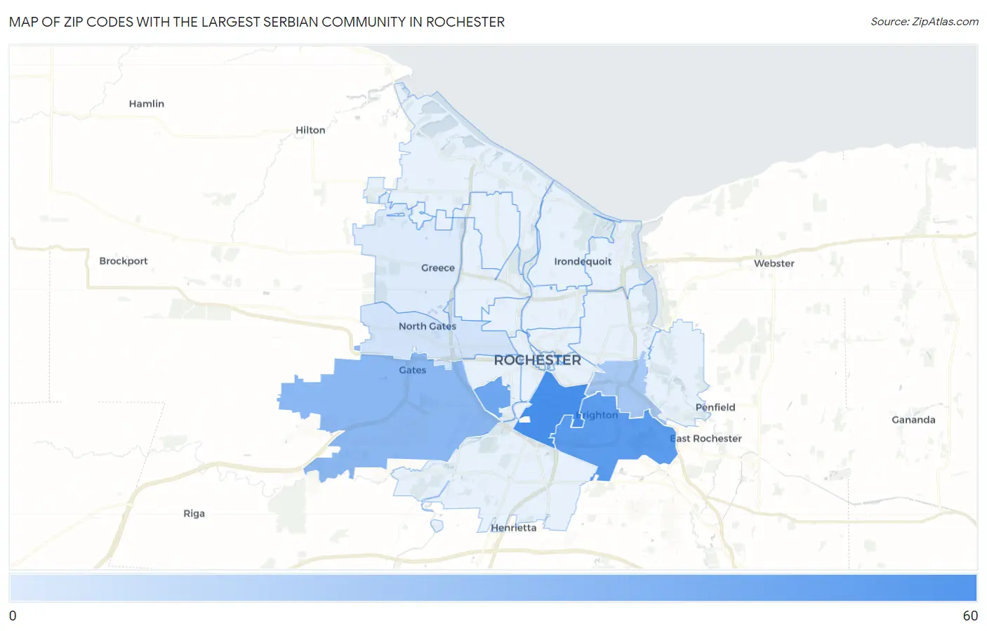 Zip Codes with the Largest Serbian Community in Rochester Map