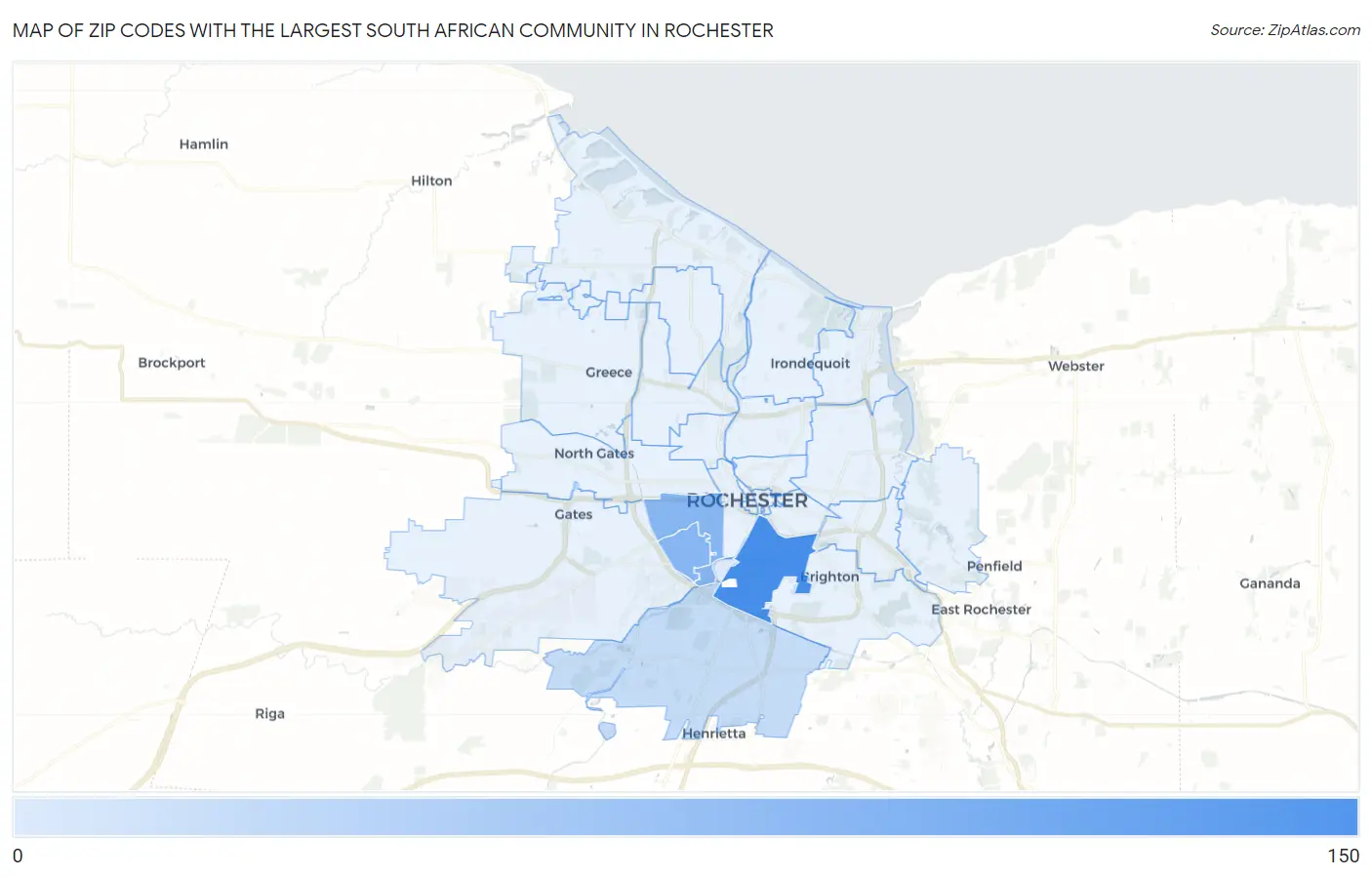 Zip Codes with the Largest South African Community in Rochester Map
