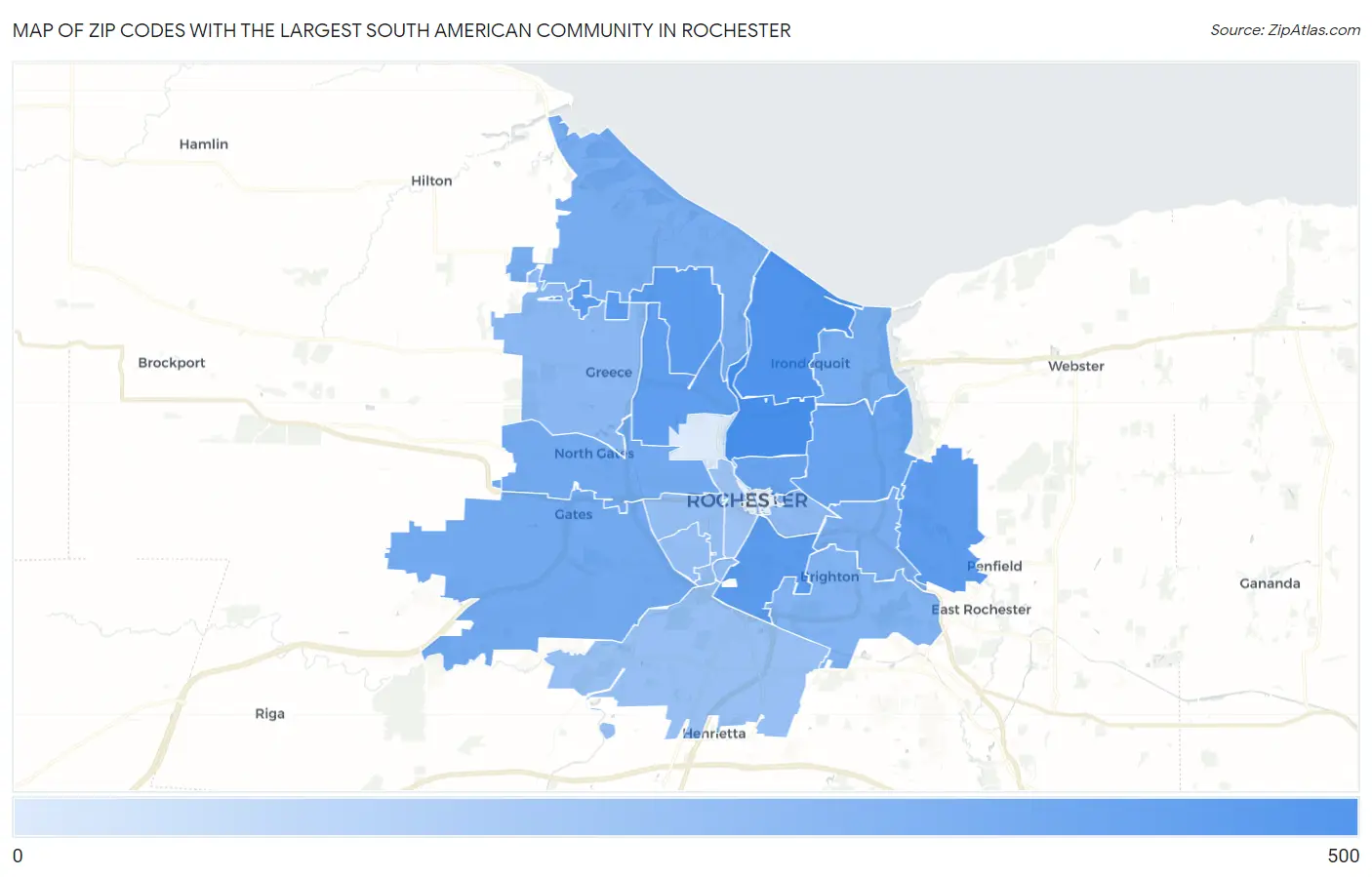 Zip Codes with the Largest South American Community in Rochester Map