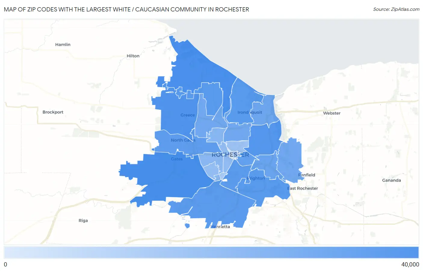 Zip Codes with the Largest White / Caucasian Community in Rochester Map