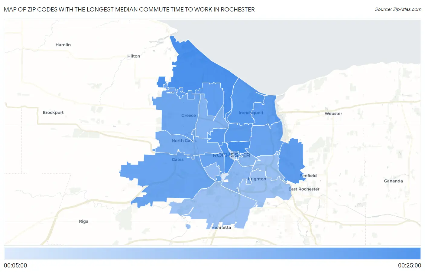 Zip Codes with the Longest Median Commute Time to Work in Rochester Map