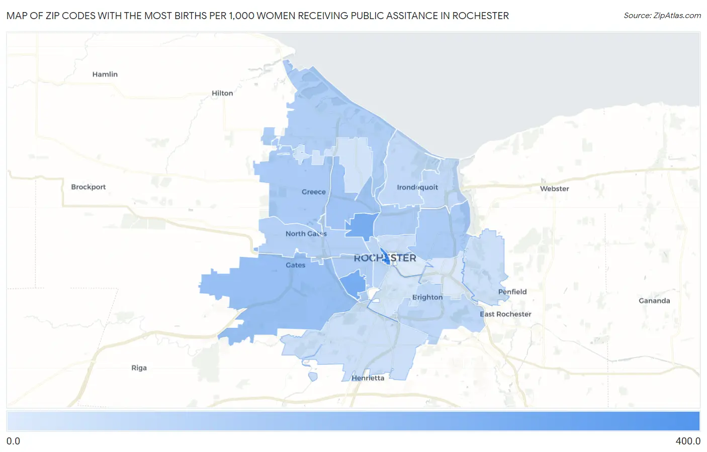 Zip Codes with the Most Births per 1,000 Women Receiving Public Assitance in Rochester Map