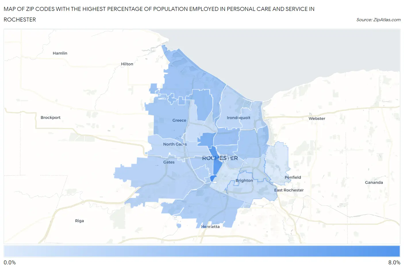 Zip Codes with the Highest Percentage of Population Employed in Personal Care and Service in Rochester Map