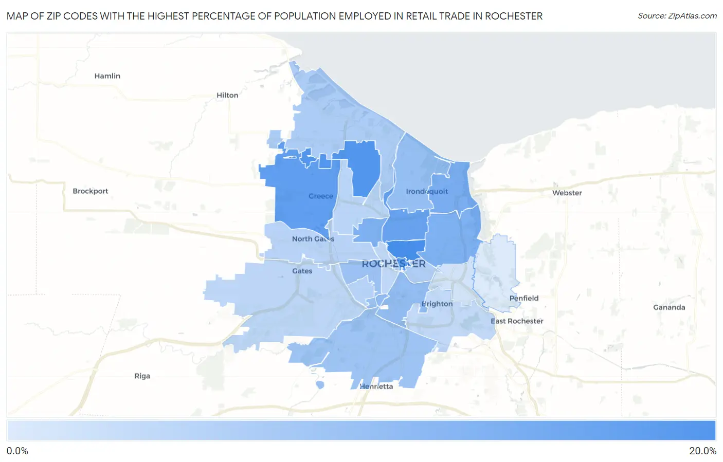 Zip Codes with the Highest Percentage of Population Employed in Retail Trade in Rochester Map