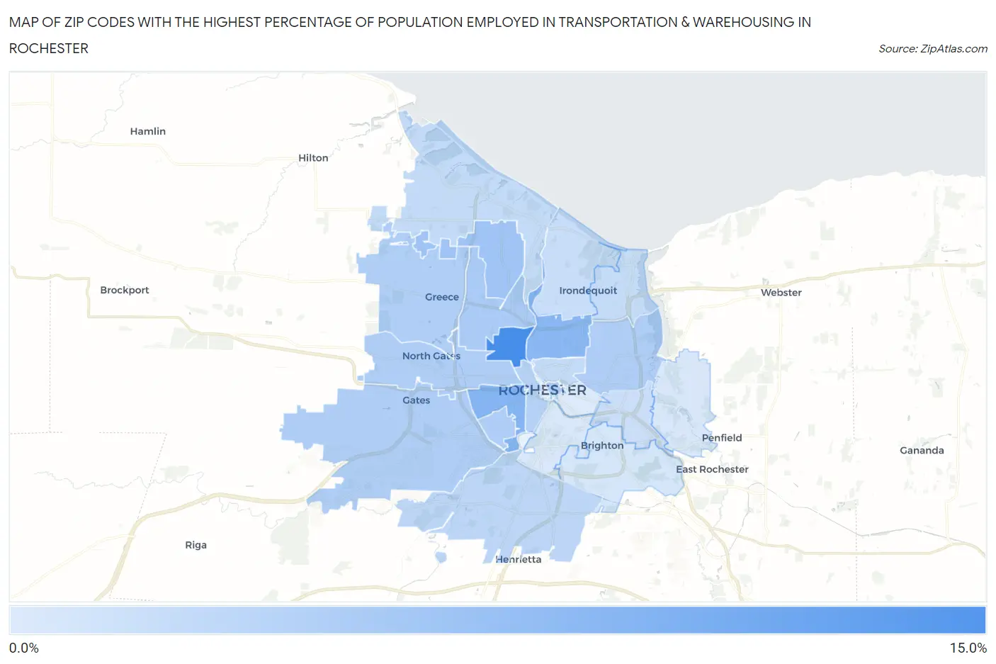 Zip Codes with the Highest Percentage of Population Employed in Transportation & Warehousing in Rochester Map