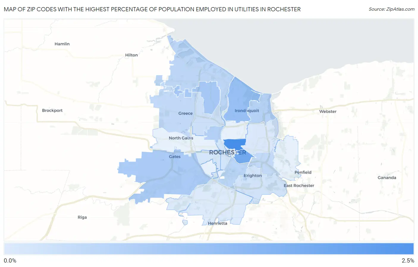 Zip Codes with the Highest Percentage of Population Employed in Utilities in Rochester Map