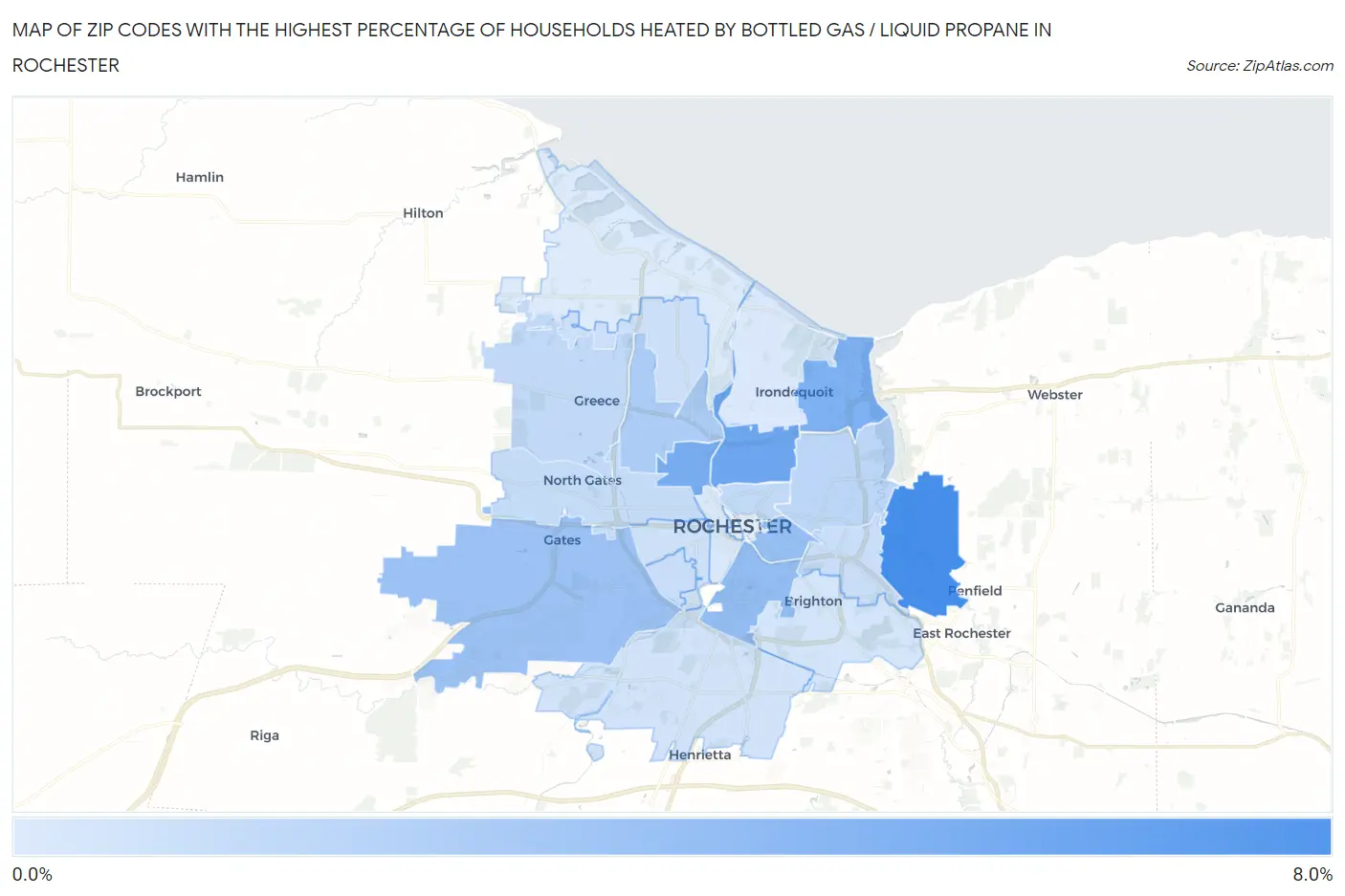 Zip Codes with the Highest Percentage of Households Heated by Bottled Gas / Liquid Propane in Rochester Map