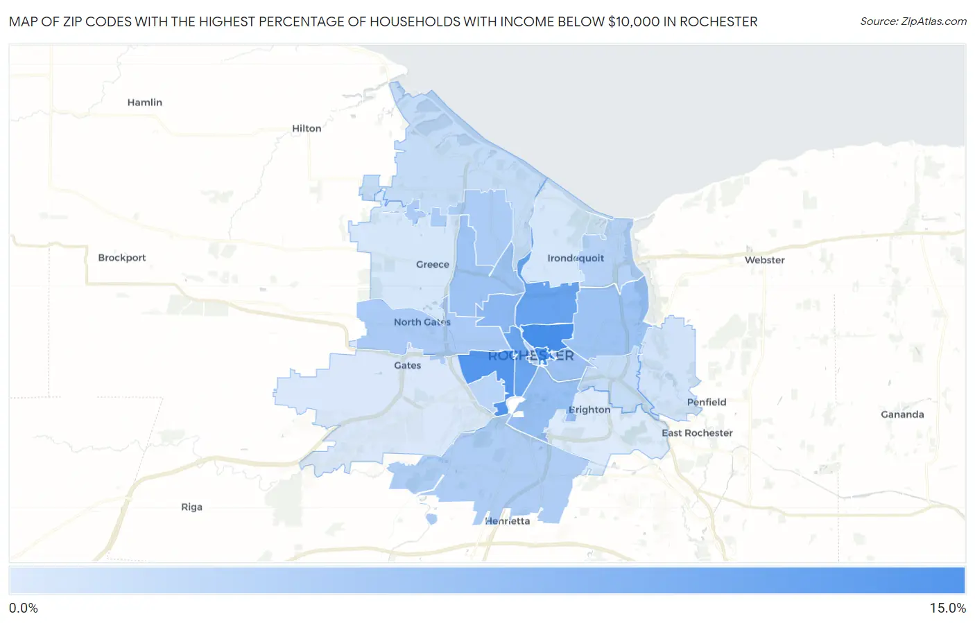 Zip Codes with the Highest Percentage of Households with Income Below $10,000 in Rochester Map