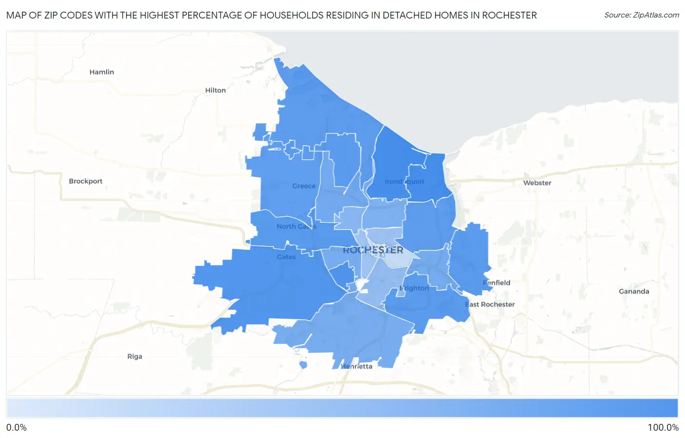 Zip Codes with the Highest Percentage of Households Residing in Detached Homes in Rochester Map