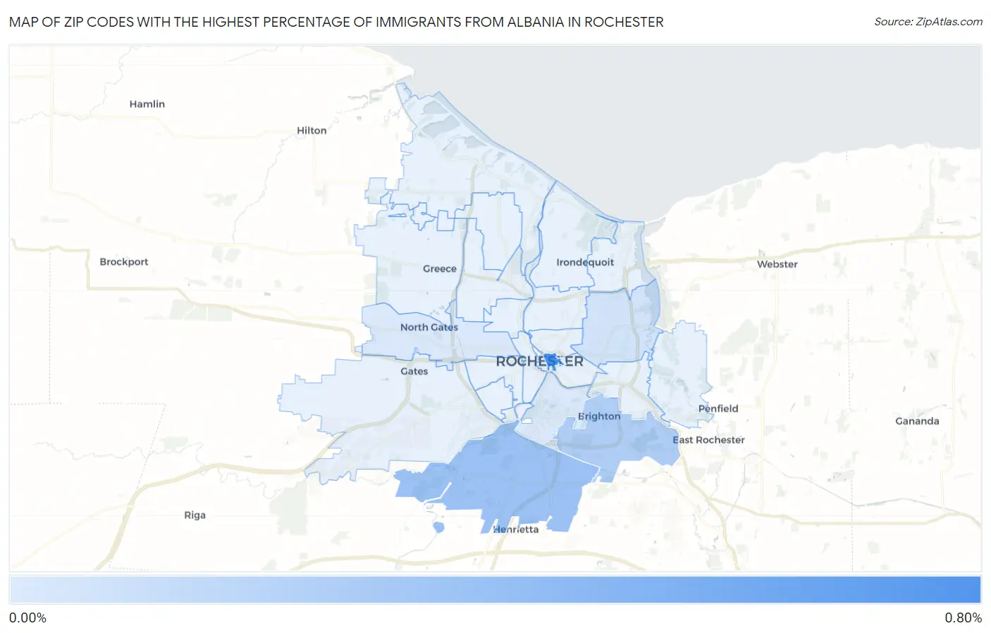 Zip Codes with the Highest Percentage of Immigrants from Albania in Rochester Map