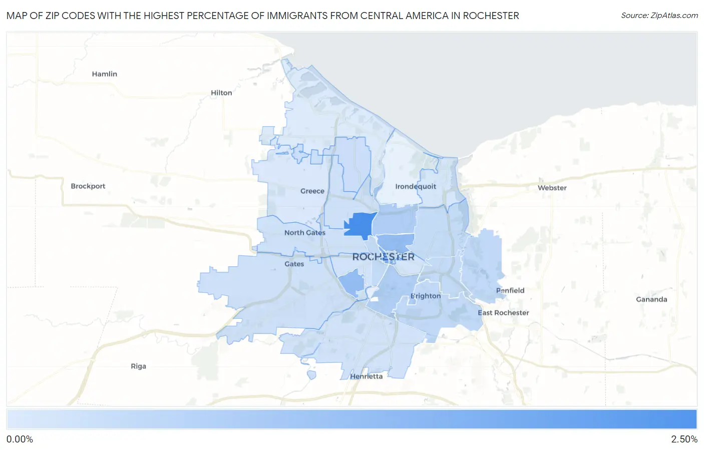 Zip Codes with the Highest Percentage of Immigrants from Central America in Rochester Map
