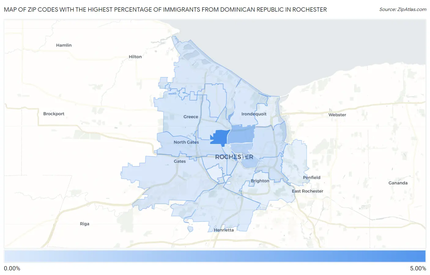 Zip Codes with the Highest Percentage of Immigrants from Dominican Republic in Rochester Map