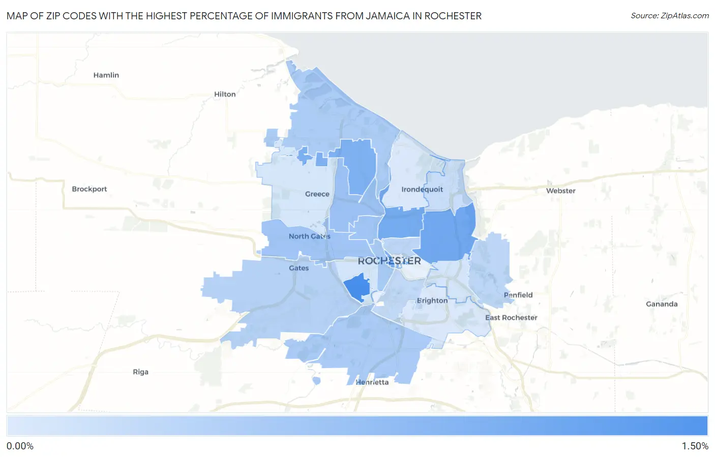 Zip Codes with the Highest Percentage of Immigrants from Jamaica in Rochester Map