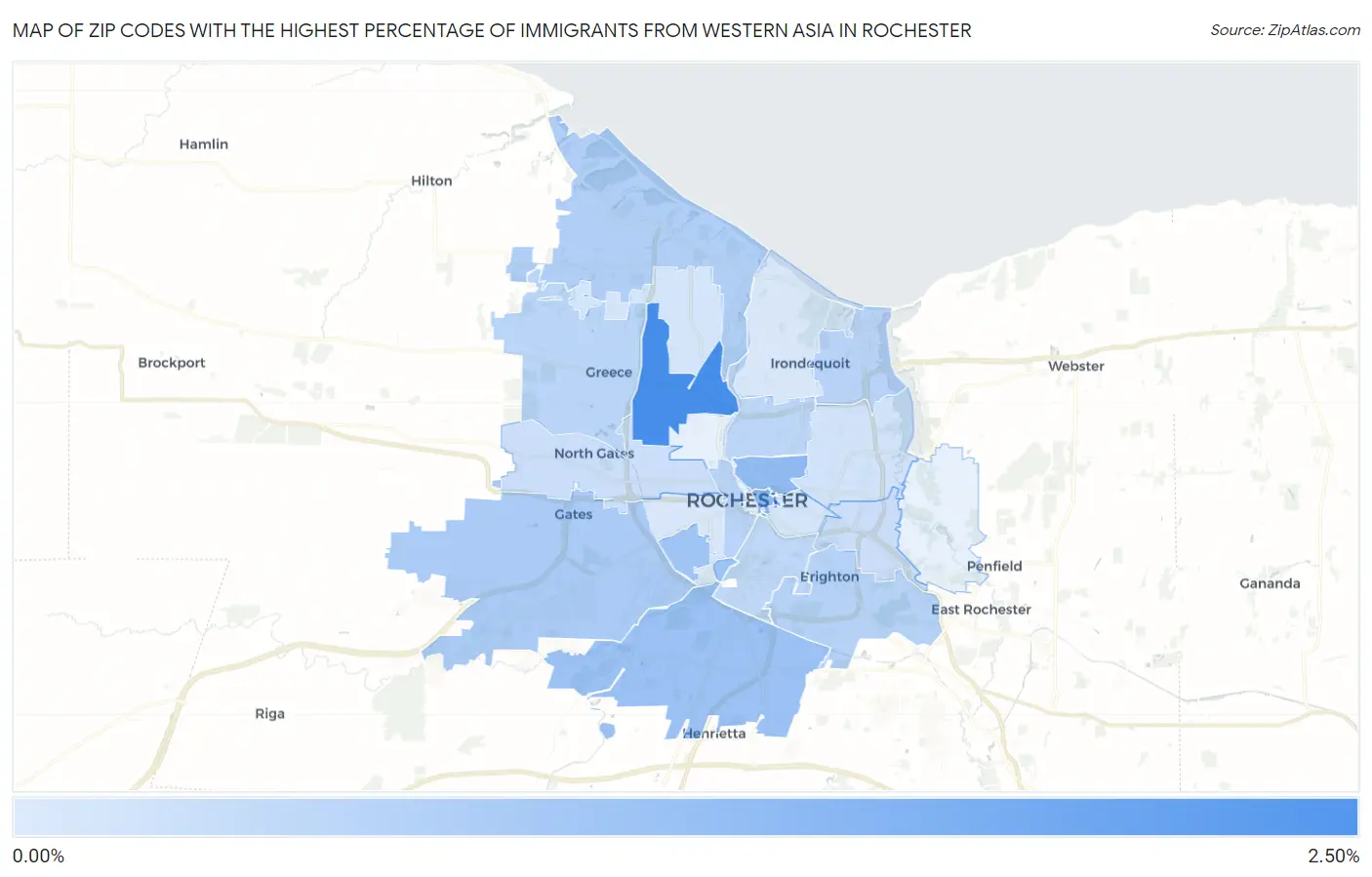 Zip Codes with the Highest Percentage of Immigrants from Western Asia in Rochester Map