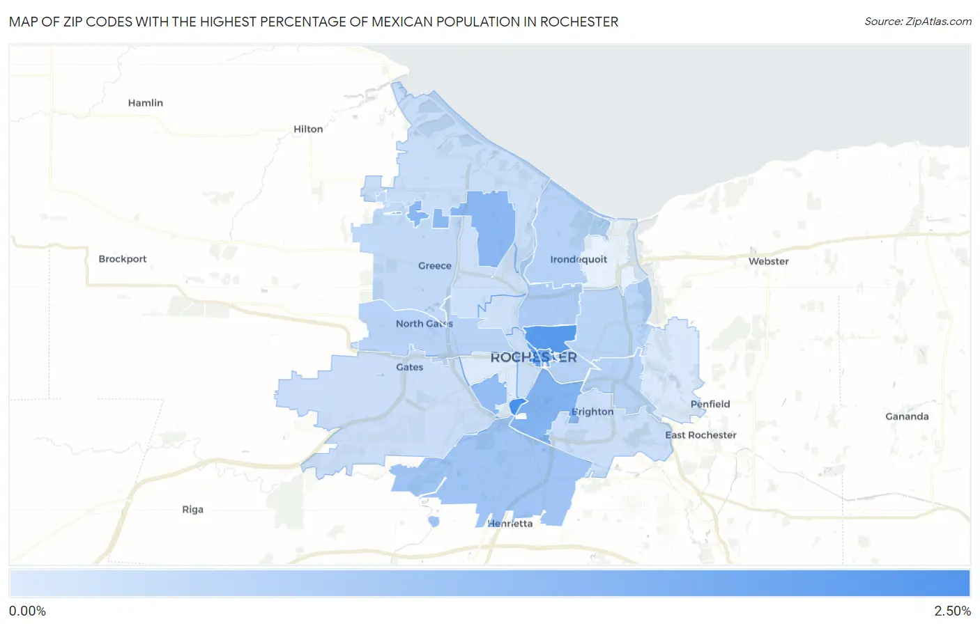 Zip Codes with the Highest Percentage of Mexican Population in Rochester Map