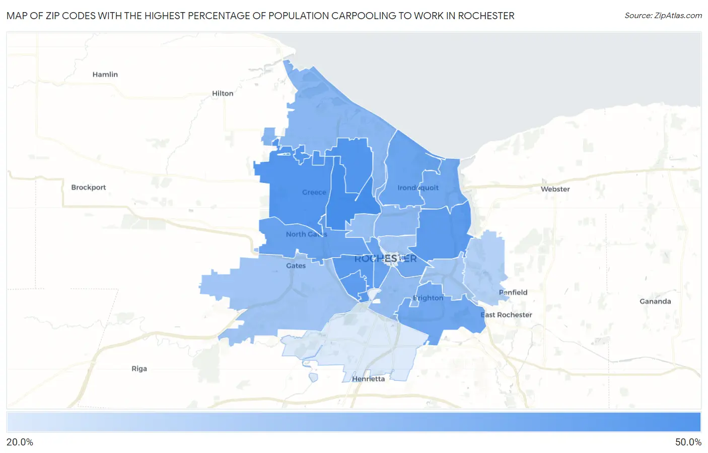 Zip Codes with the Highest Percentage of Population Carpooling to Work in Rochester Map