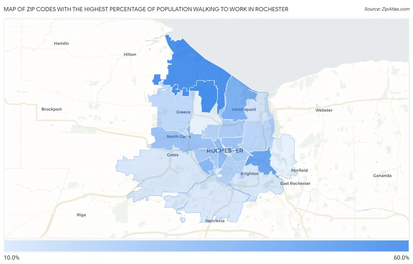Zip Codes with the Highest Percentage of Population Walking to Work in Rochester Map