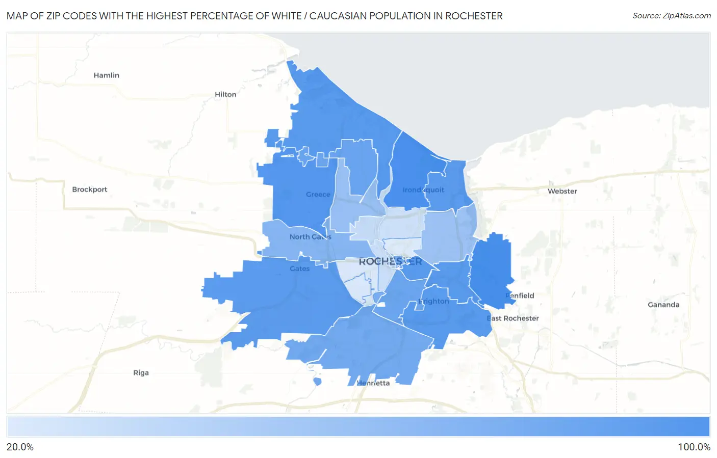 Zip Codes with the Highest Percentage of White / Caucasian Population in Rochester Map