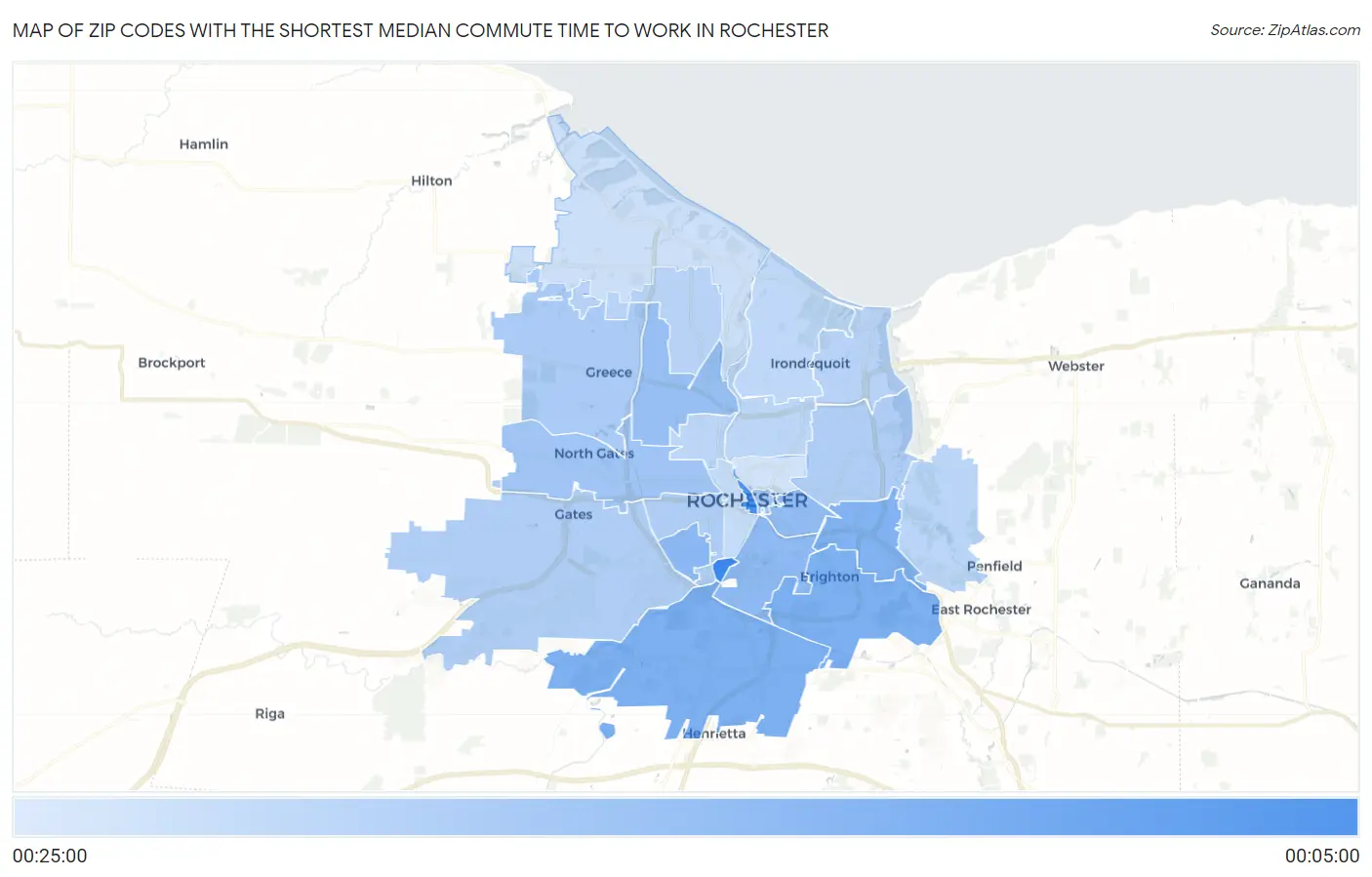 Zip Codes with the Shortest Median Commute Time to Work in Rochester Map