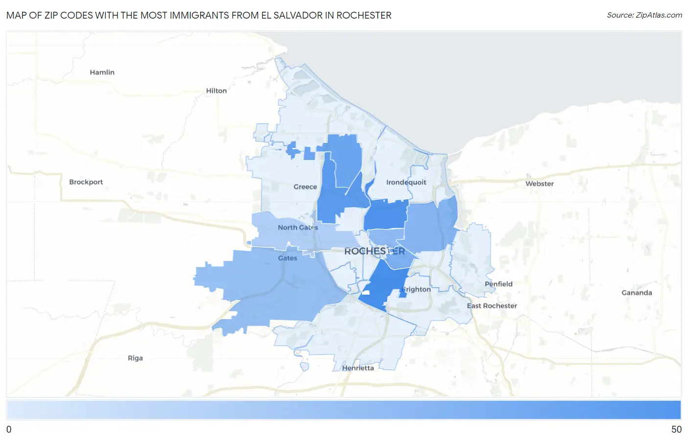 Zip Codes with the Most Immigrants from El Salvador in Rochester Map