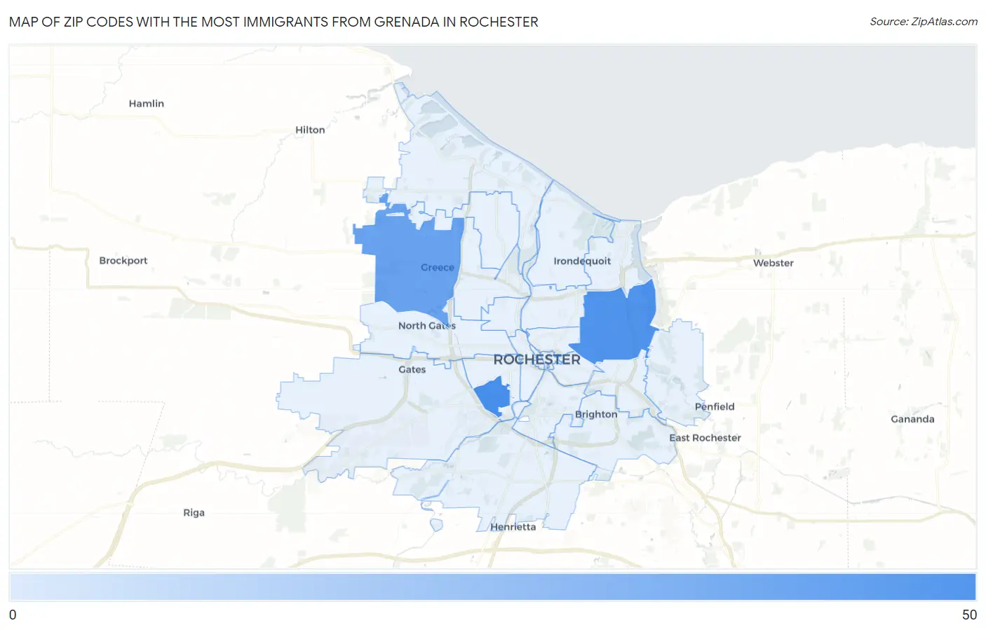 Zip Codes with the Most Immigrants from Grenada in Rochester Map