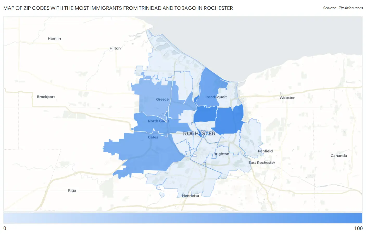 Zip Codes with the Most Immigrants from Trinidad and Tobago in Rochester Map