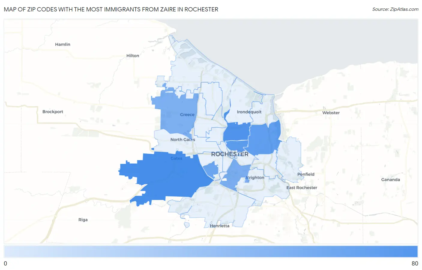 Zip Codes with the Most Immigrants from Zaire in Rochester Map