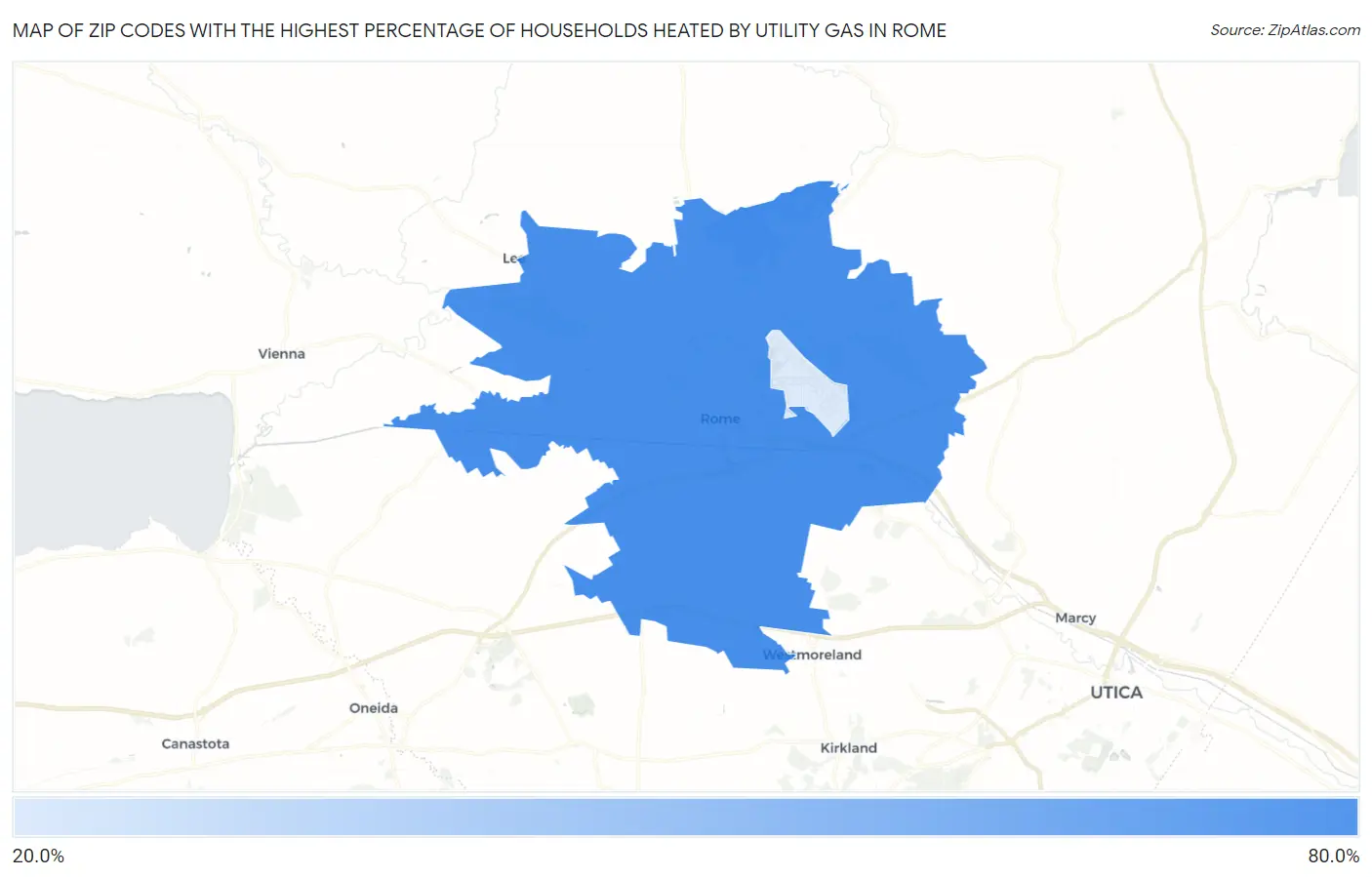Zip Codes with the Highest Percentage of Households Heated by Utility Gas in Rome Map