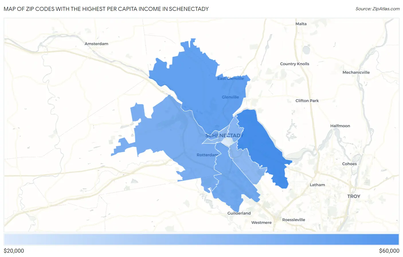 Zip Codes with the Highest Per Capita Income in Schenectady Map