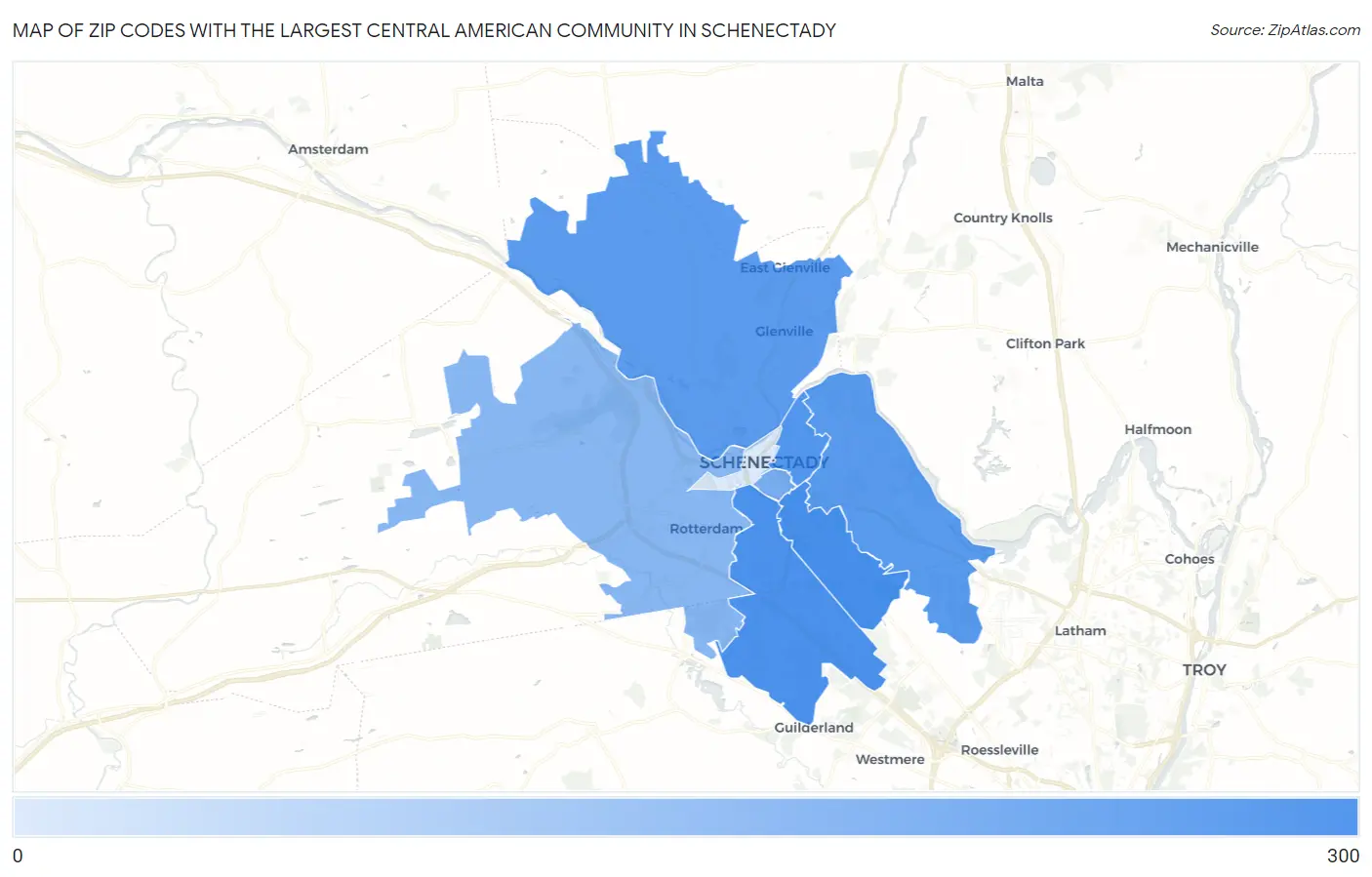 Zip Codes with the Largest Central American Community in Schenectady Map