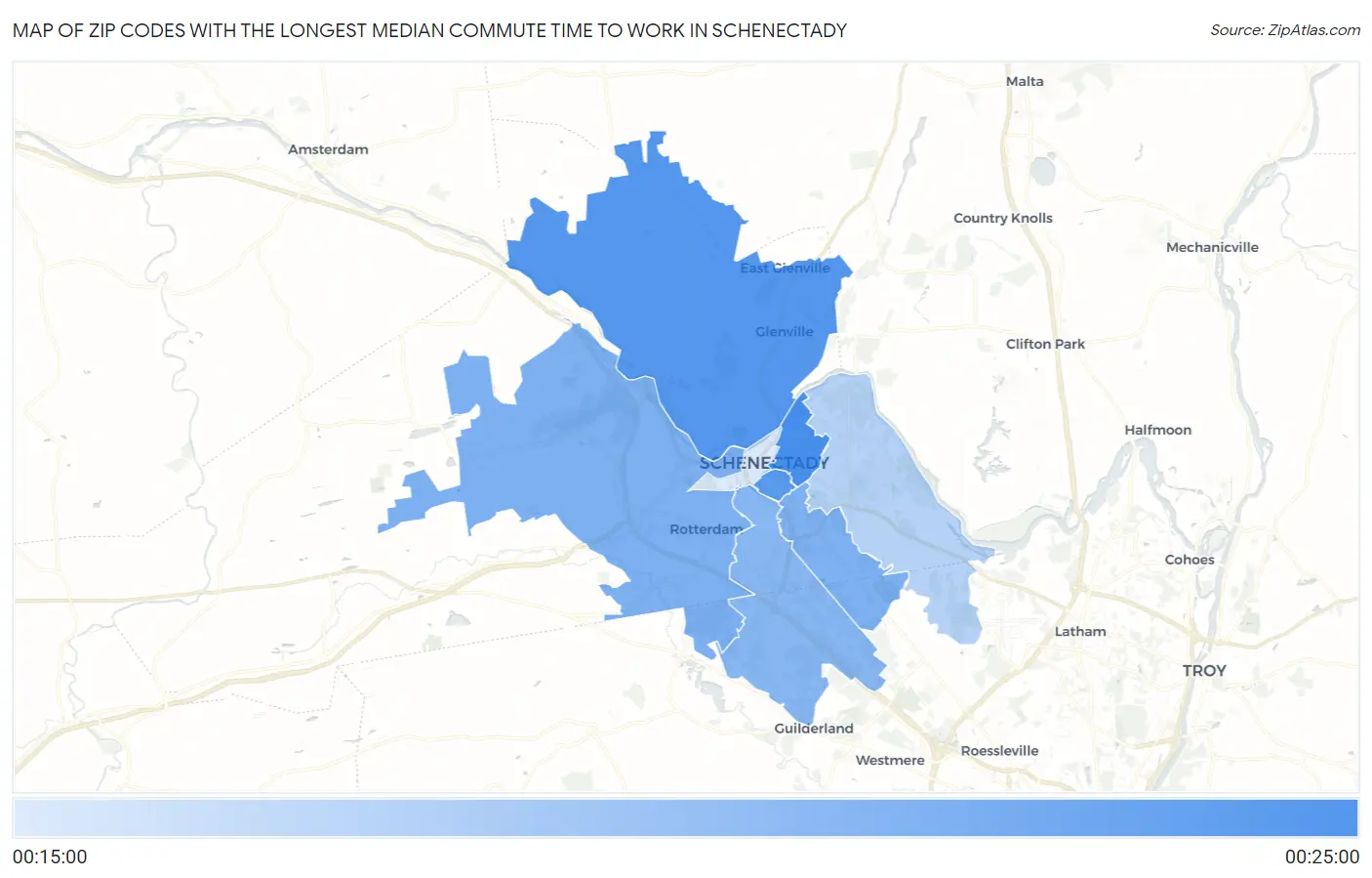 Zip Codes with the Longest Median Commute Time to Work in Schenectady Map