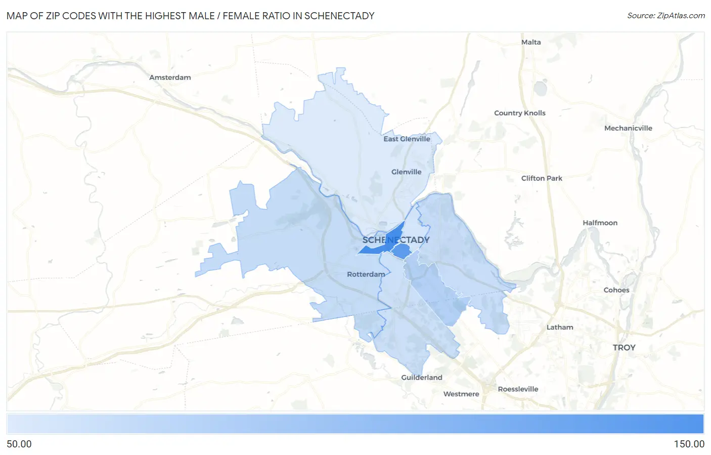 Zip Codes with the Highest Male / Female Ratio in Schenectady Map