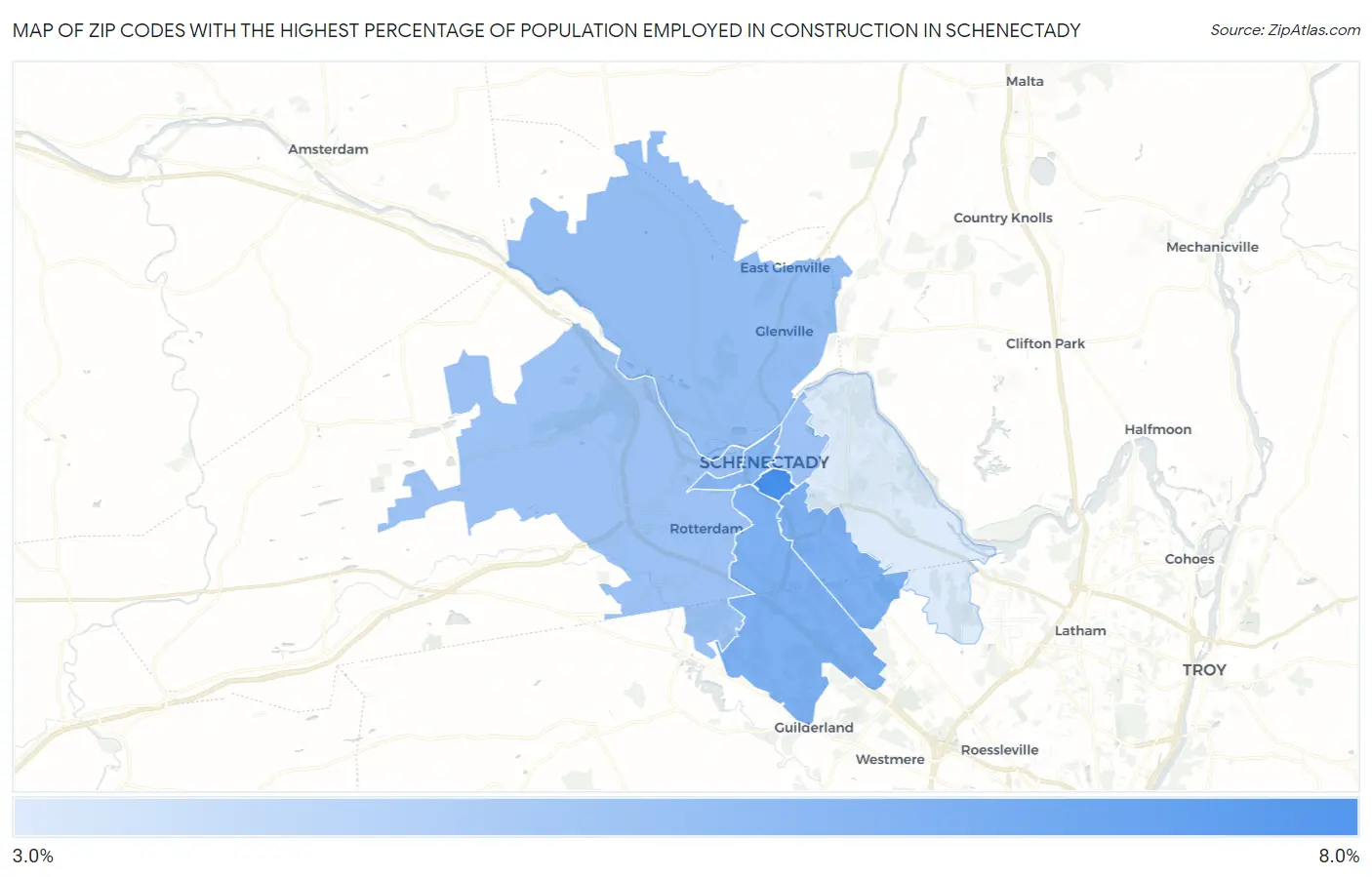 Zip Codes with the Highest Percentage of Population Employed in Construction in Schenectady Map