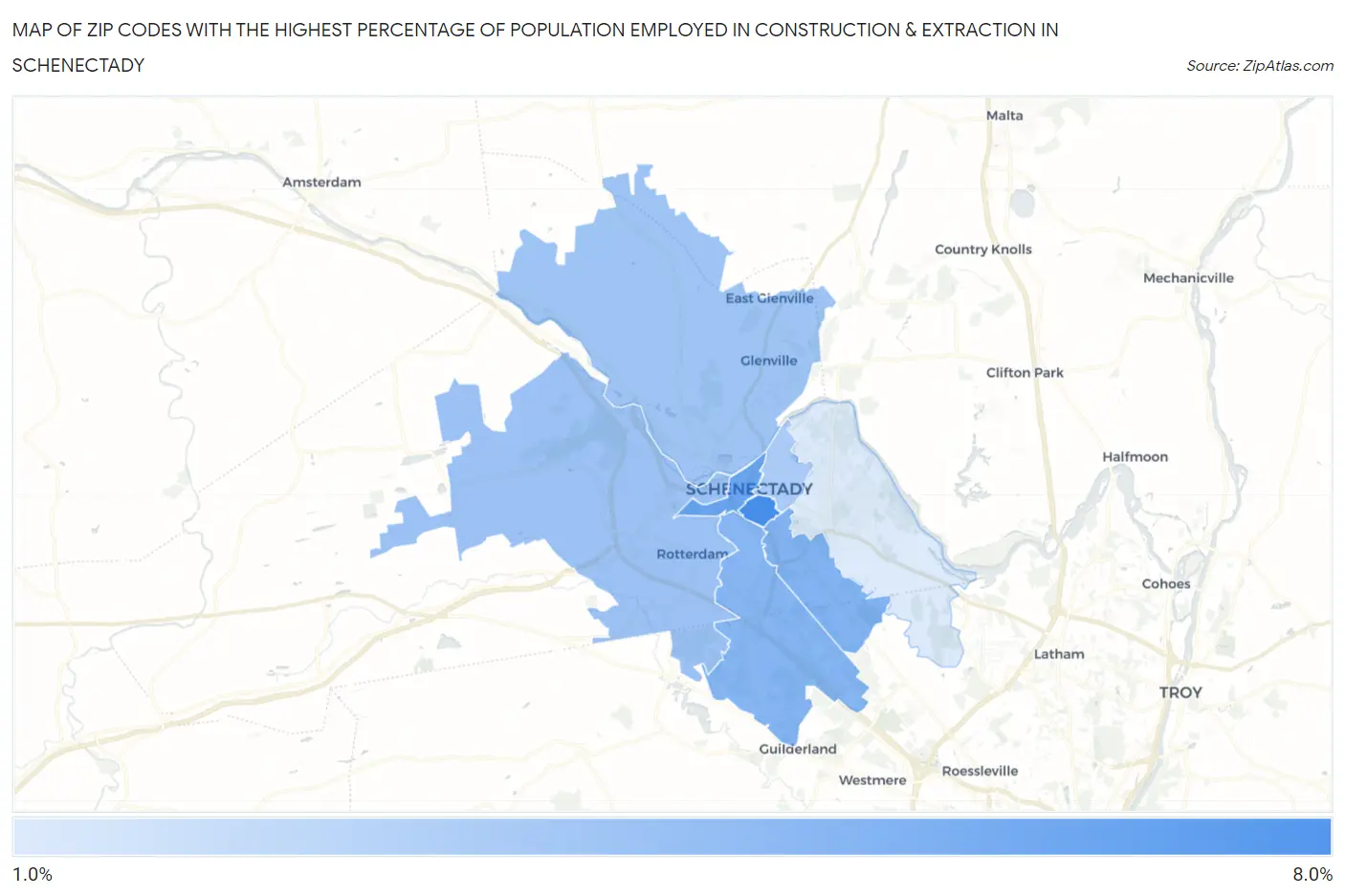 Zip Codes with the Highest Percentage of Population Employed in Construction & Extraction in Schenectady Map