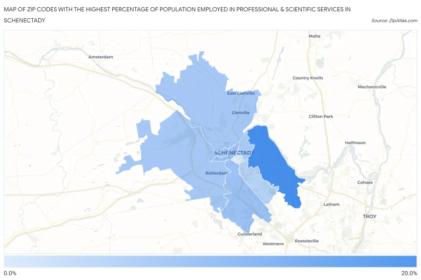 Zip Codes with the Highest Percentage of Population Employed in Professional & Scientific Services in Schenectady Map