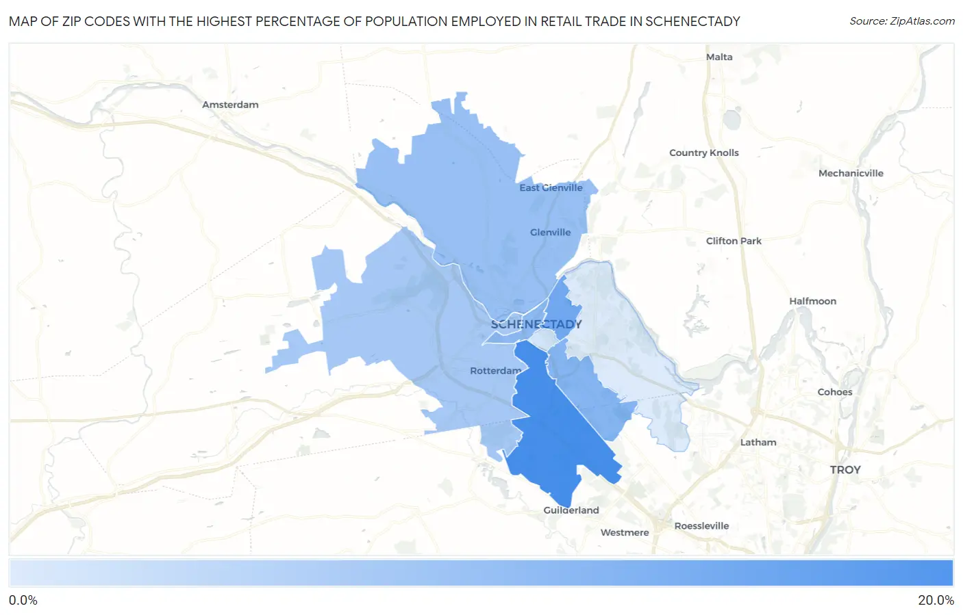 Zip Codes with the Highest Percentage of Population Employed in Retail Trade in Schenectady Map