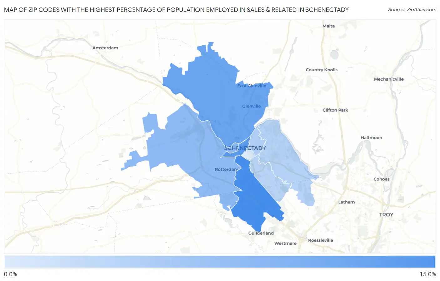 Zip Codes with the Highest Percentage of Population Employed in Sales & Related in Schenectady Map