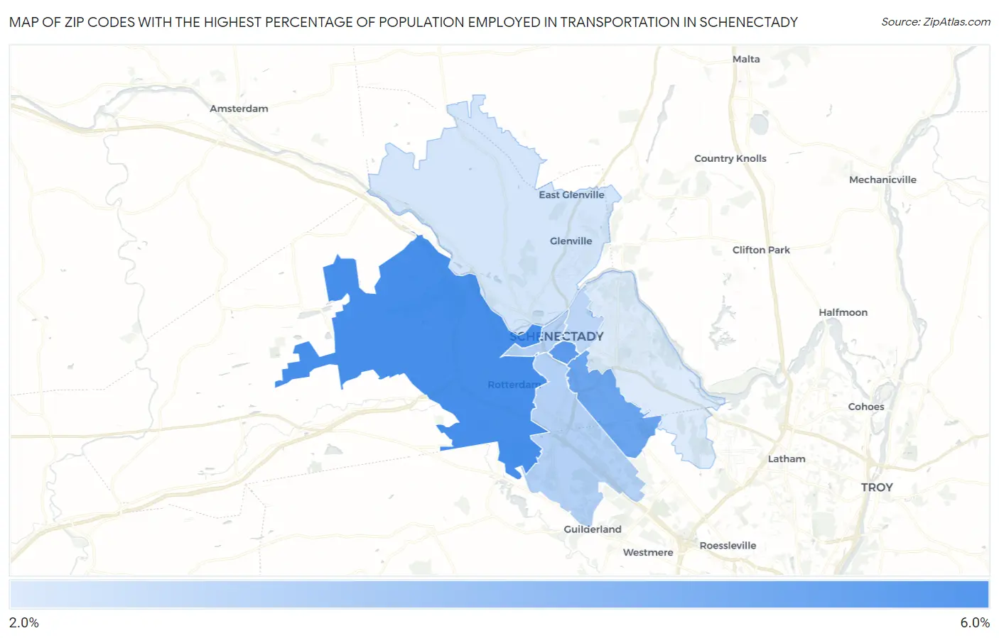 Zip Codes with the Highest Percentage of Population Employed in Transportation in Schenectady Map
