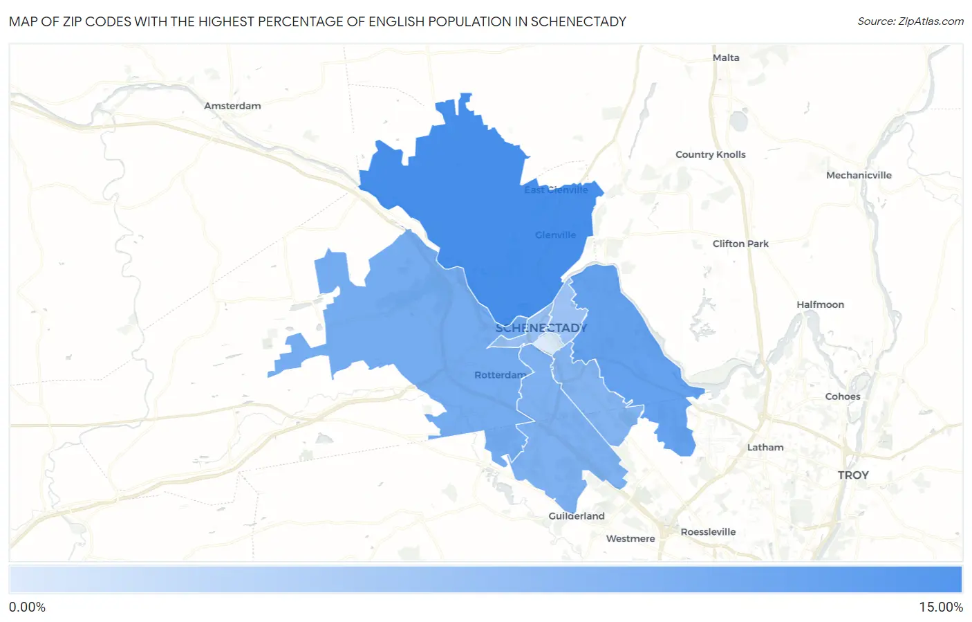 Zip Codes with the Highest Percentage of English Population in Schenectady Map