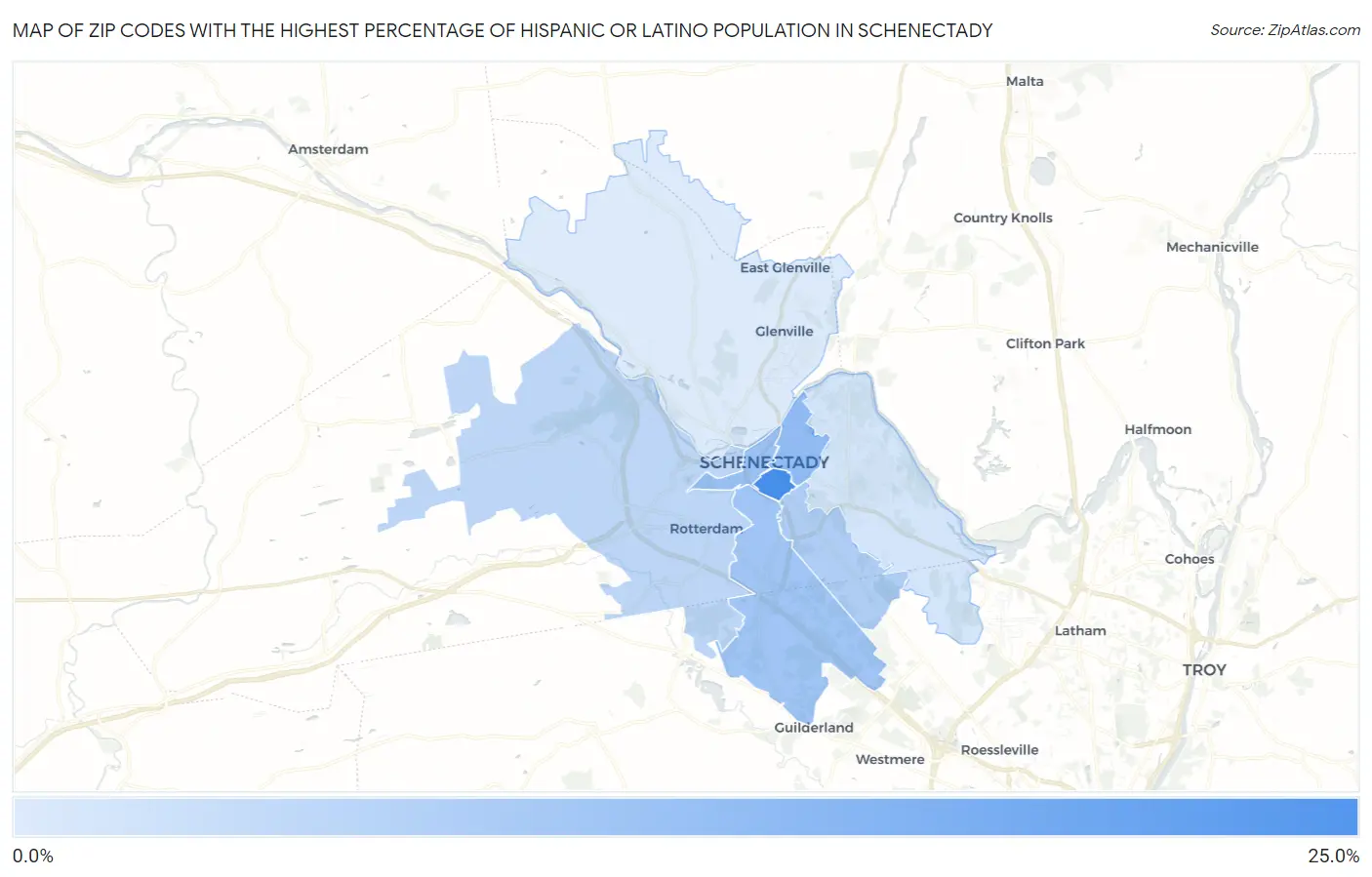 Zip Codes with the Highest Percentage of Hispanic or Latino Population in Schenectady Map