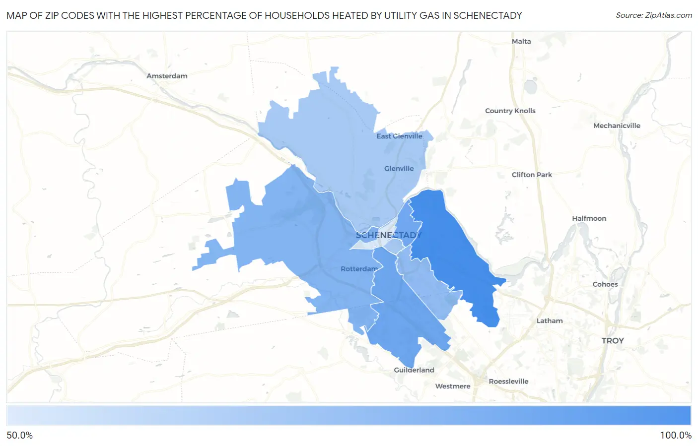 Zip Codes with the Highest Percentage of Households Heated by Utility Gas in Schenectady Map